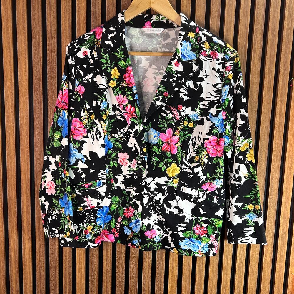 Floral Blazer Large Black White Pink Blue Stretch Statement Jacket Snazzy 90's - Picture 2 of 12
